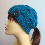 Chunky Knit Teal Blue Pony Tail Hat Beanie Ponytail Hole Crochet Hats