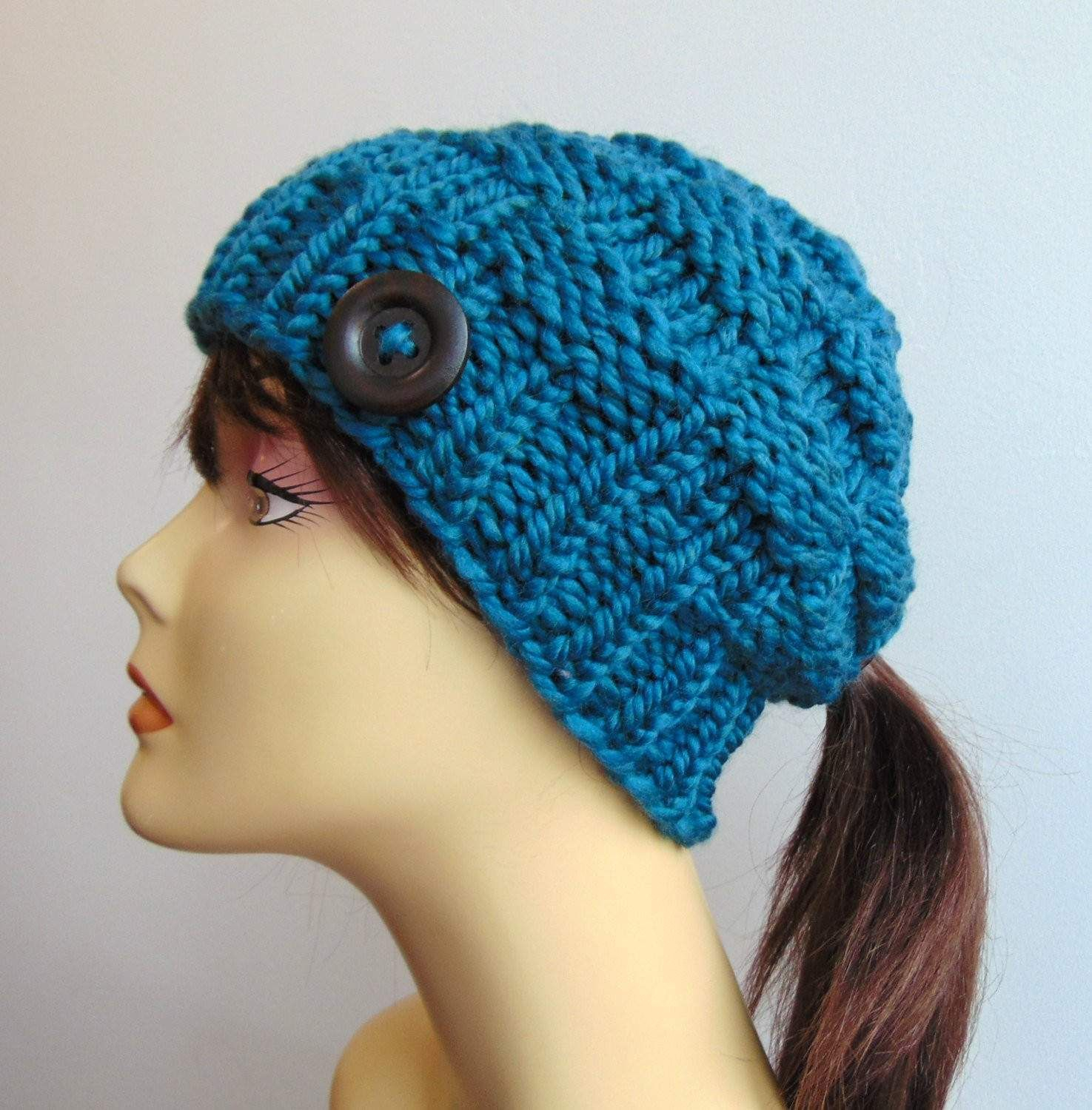 Chunky Knit Teal Blue Pony Tail Hat Beanie Ponytail Hole Crochet Hats
